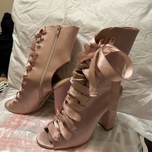 Salmon Pink Lace-up Booties